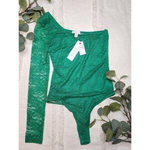 Topshop One Shoulder Lace Bodysuit in Mid Green